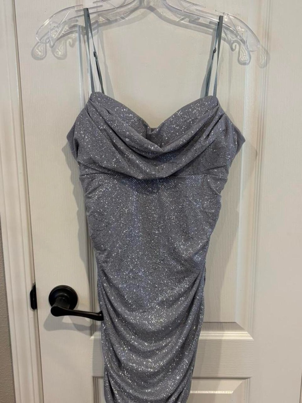 Emerald Sundae Silver Glitter Cowl Strapless Midi Dress